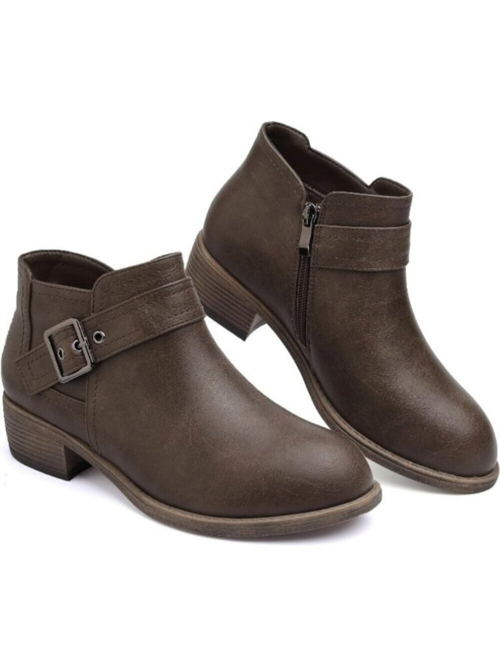 Women's Taupe Ankle Boots Low Heel Booties Buckle Round Toe Fall Boots Side Zip